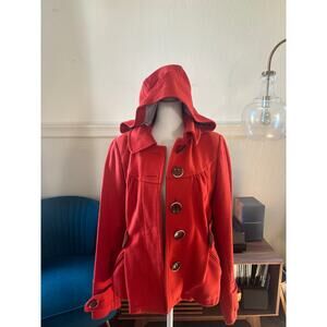 Eidra Orange Wool Blend Hooded Belted Coat Size 6 Large Buttons Polka Dot Lining